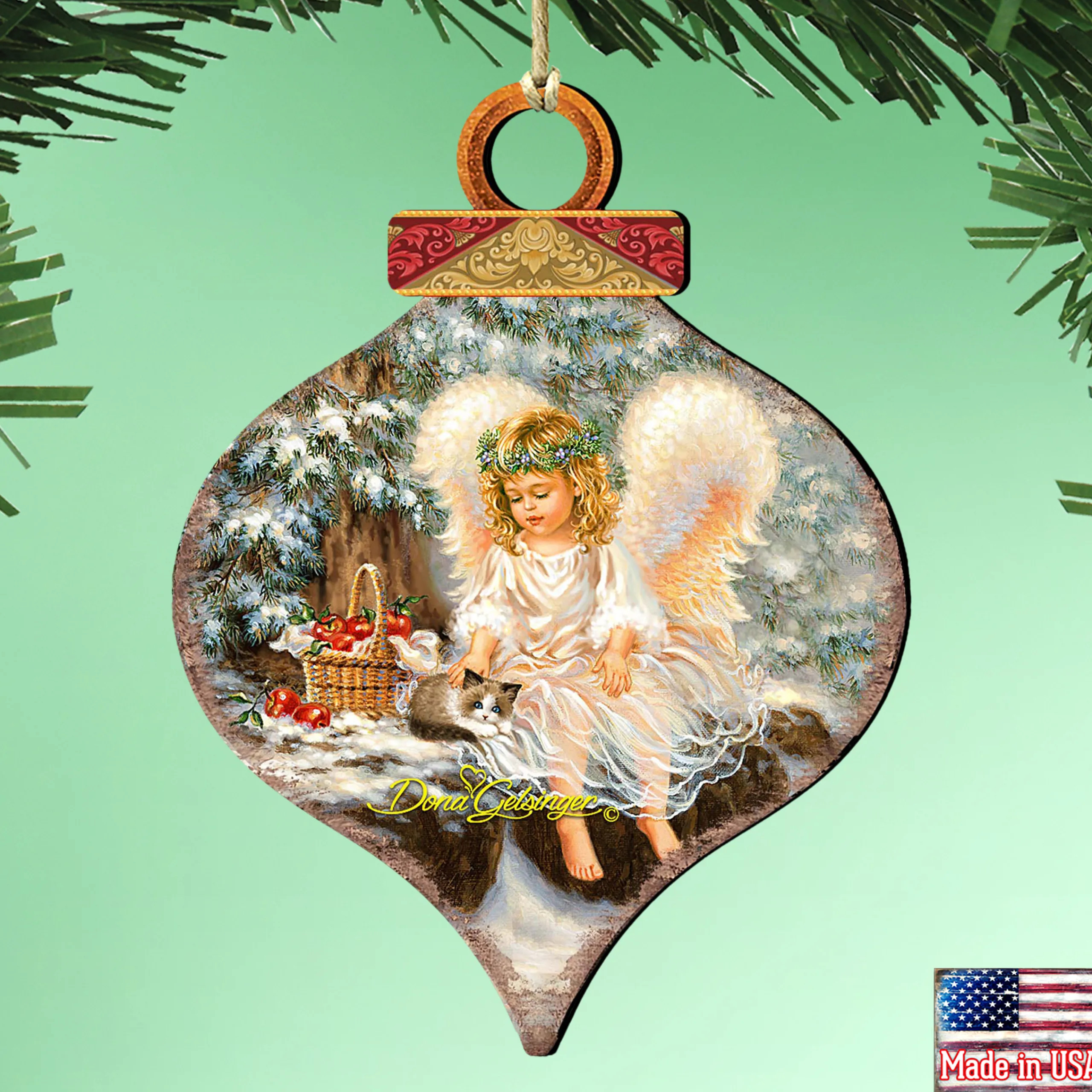 Designocracy Angels & Cherubs>Set Of 2 Angel With An Adorable Kitty Wooden Christmas Ornaments 5.5"