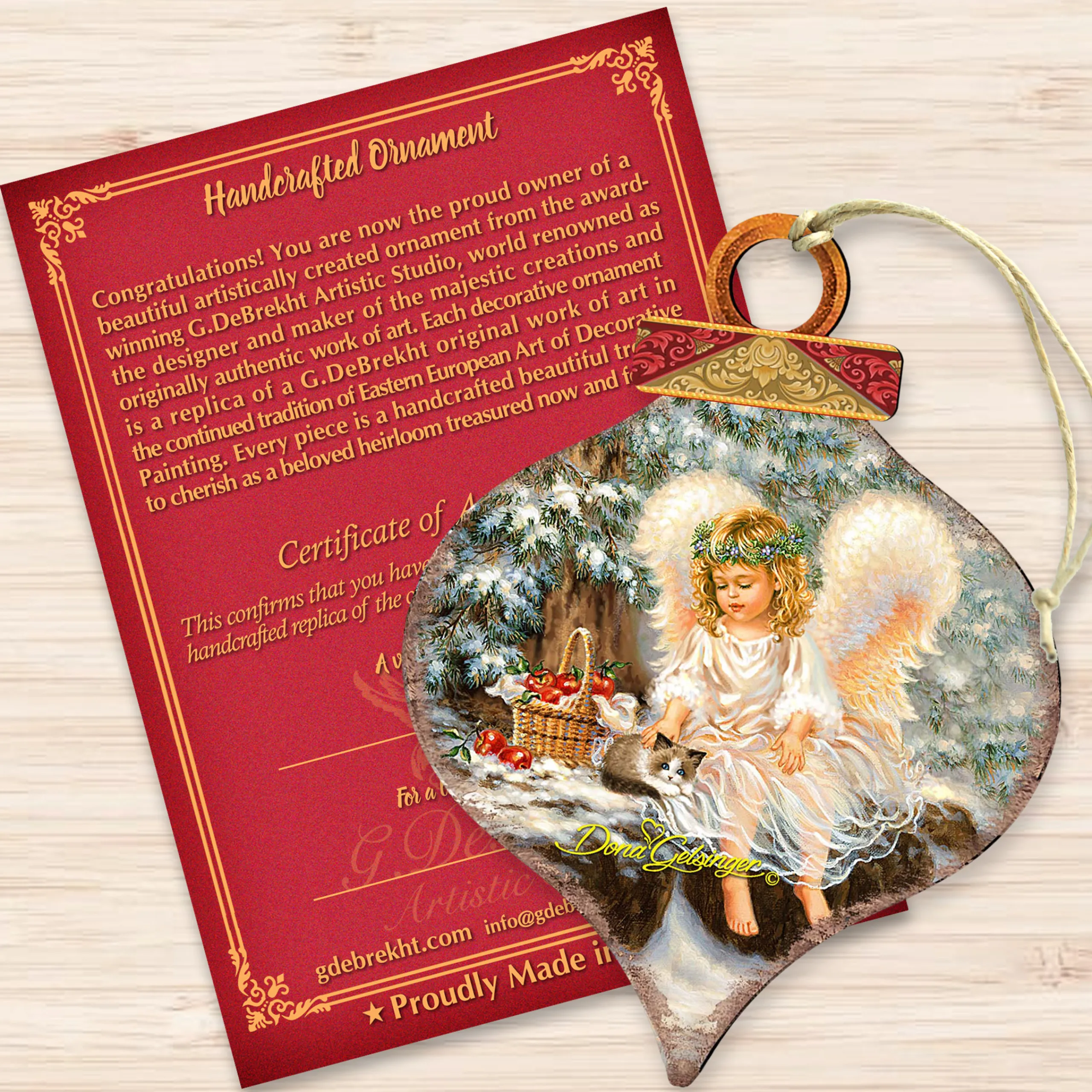 Designocracy Angels & Cherubs>Set Of 2 Angel With An Adorable Kitty Wooden Christmas Ornaments 5.5"
