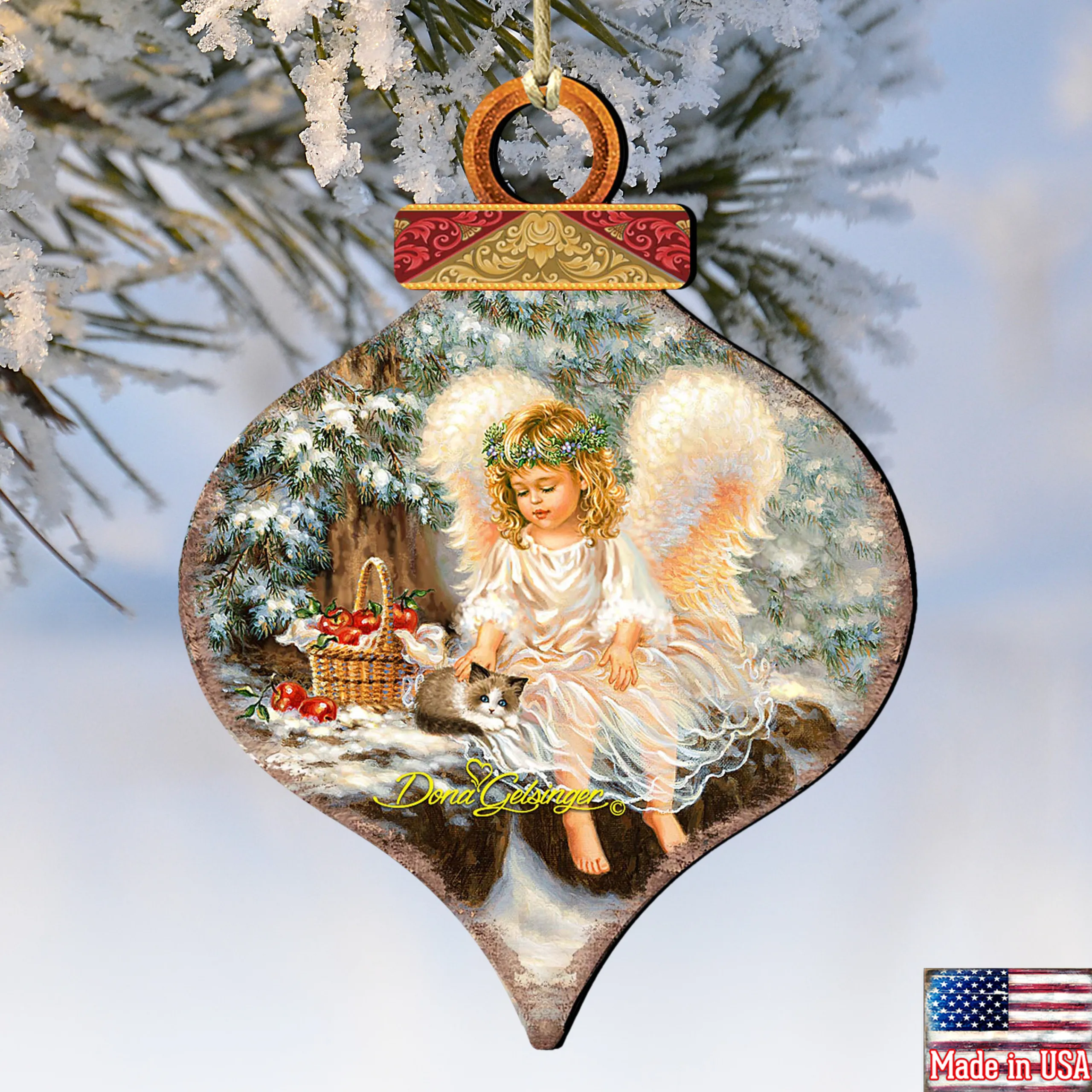 Designocracy Angels & Cherubs>Set Of 2 Angel With An Adorable Kitty Wooden Christmas Ornaments 5.5"
