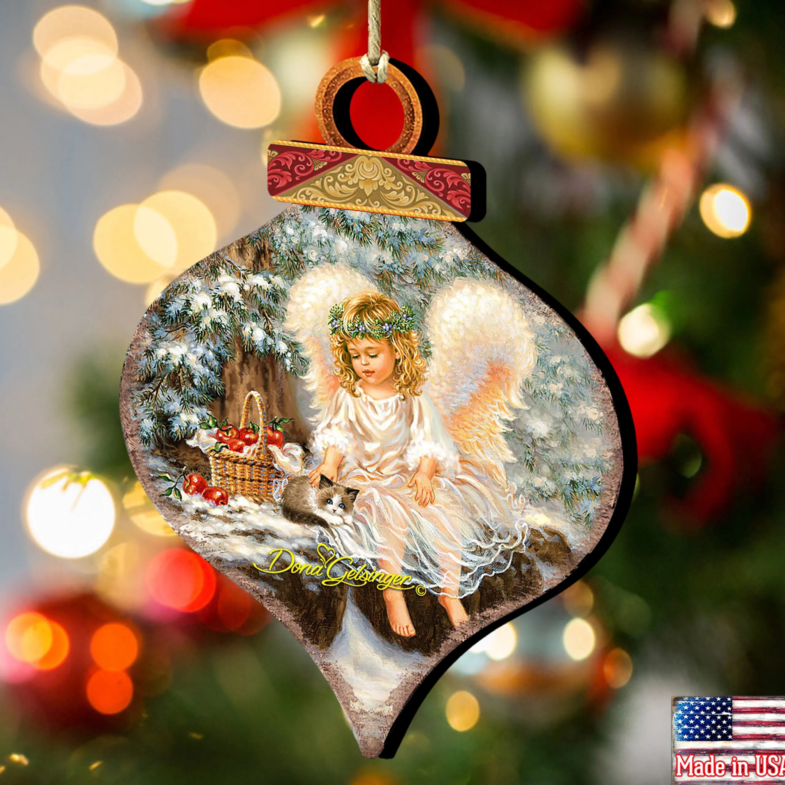 Designocracy Angels & Cherubs>Set Of 2 Angel With An Adorable Kitty Wooden Christmas Ornaments 5.5"