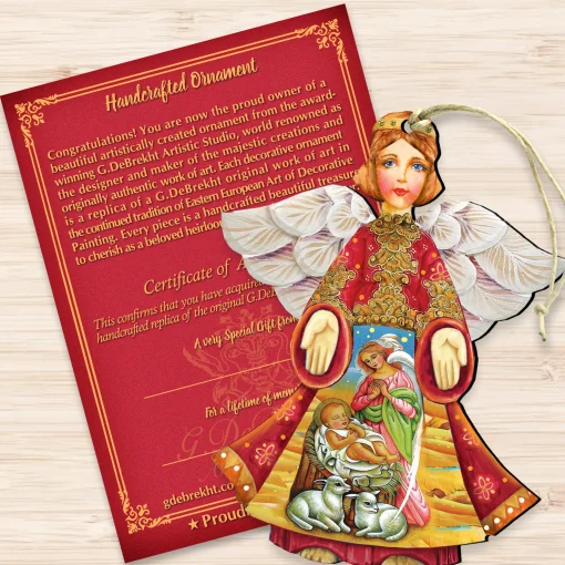 Designocracy Angels & Cherubs>Set Of 2 Angel With Mary And Joseph Wooden Christmas Ornaments 5.5"