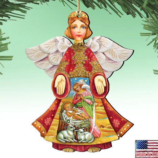Designocracy Angels & Cherubs>Set Of 2 Angel With Mary And Joseph Wooden Christmas Ornaments 5.5"