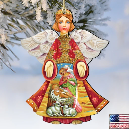 Designocracy Angels & Cherubs>Set Of 2 Angel With Mary And Joseph Wooden Christmas Ornaments 5.5"