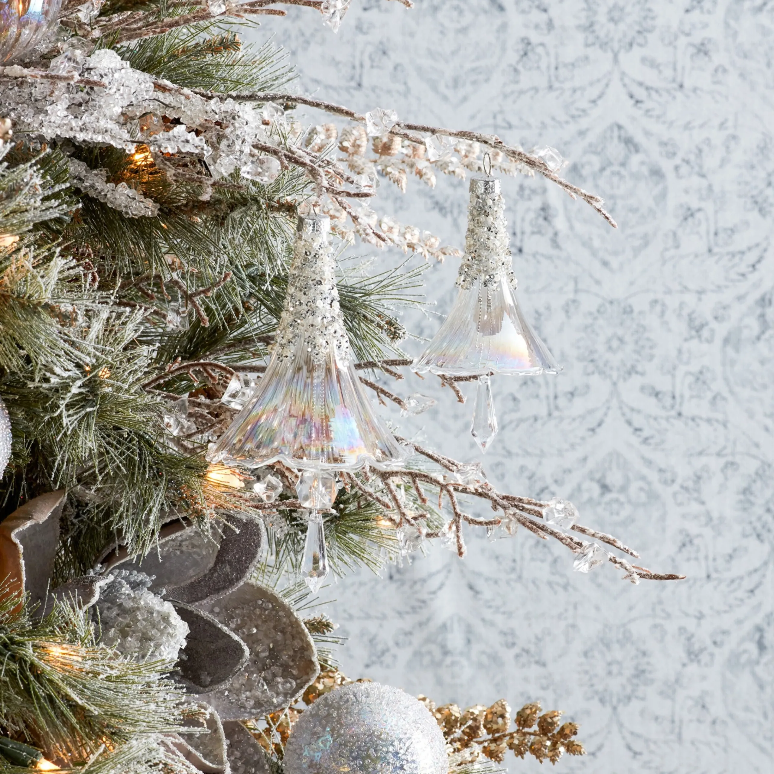 Melrose Bells & Jingle Buddies>Set Of 6 Beaded Iridescent Glass Bell Christmas Ornaments 7.25"