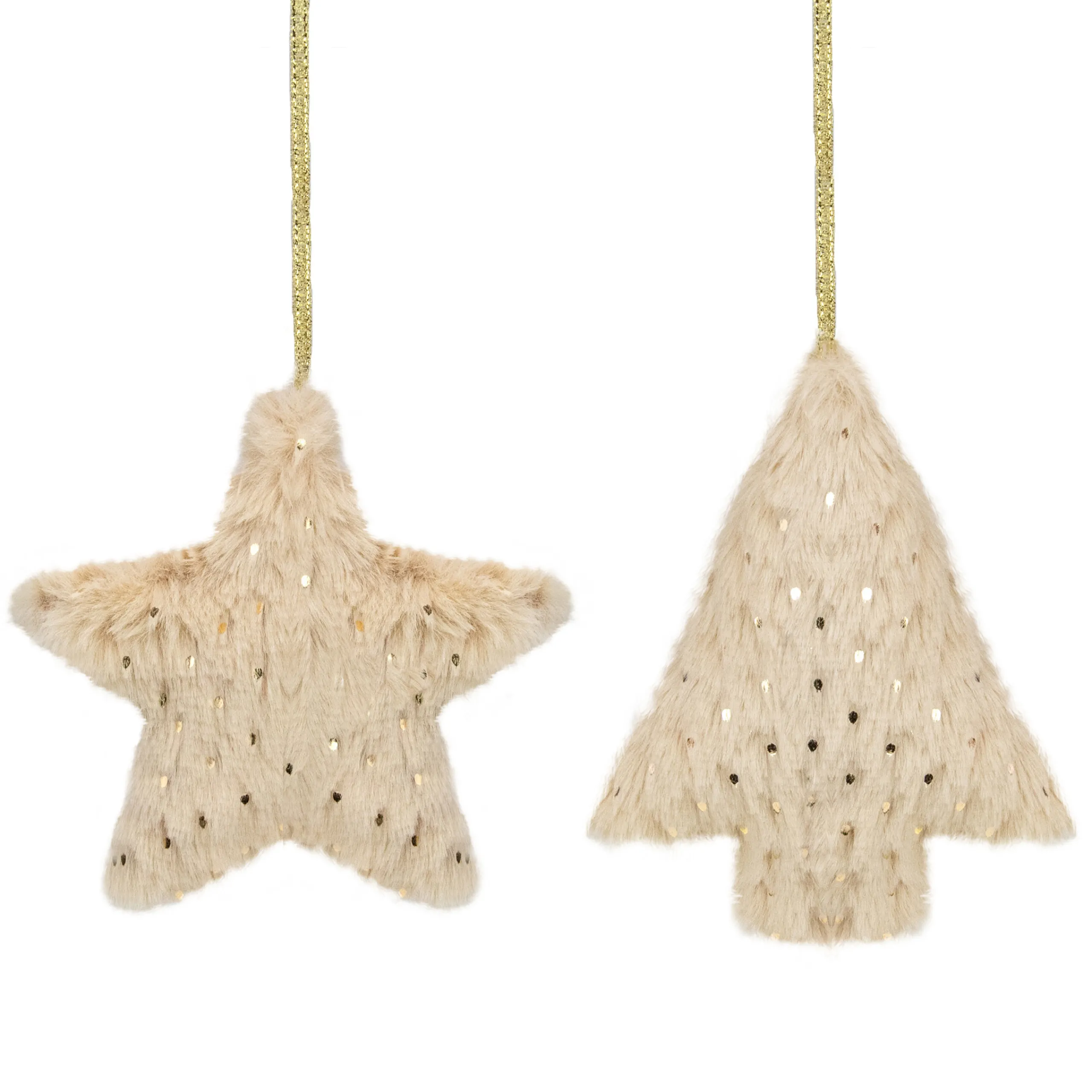 Northlight Stars>Set Of 2 Beige Faux Fur Star And Christmas Tree With Sequin Ornaments - 4.25"