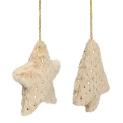 Northlight Stars>Set Of 2 Beige Faux Fur Star And Christmas Tree With Sequin Ornaments - 4.25"