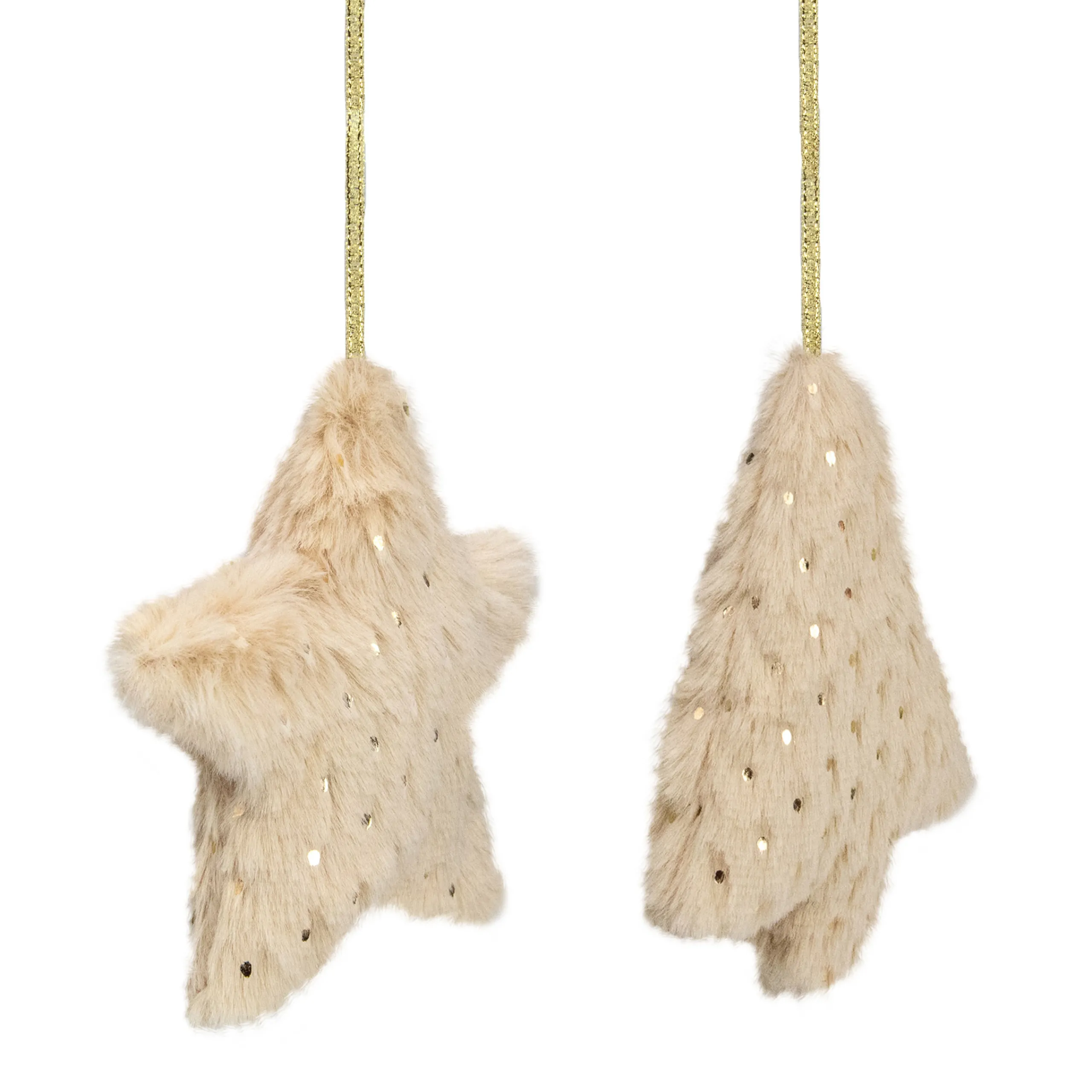 Northlight Stars>Set Of 2 Beige Faux Fur Star And Christmas Tree With Sequin Ornaments - 4.25"