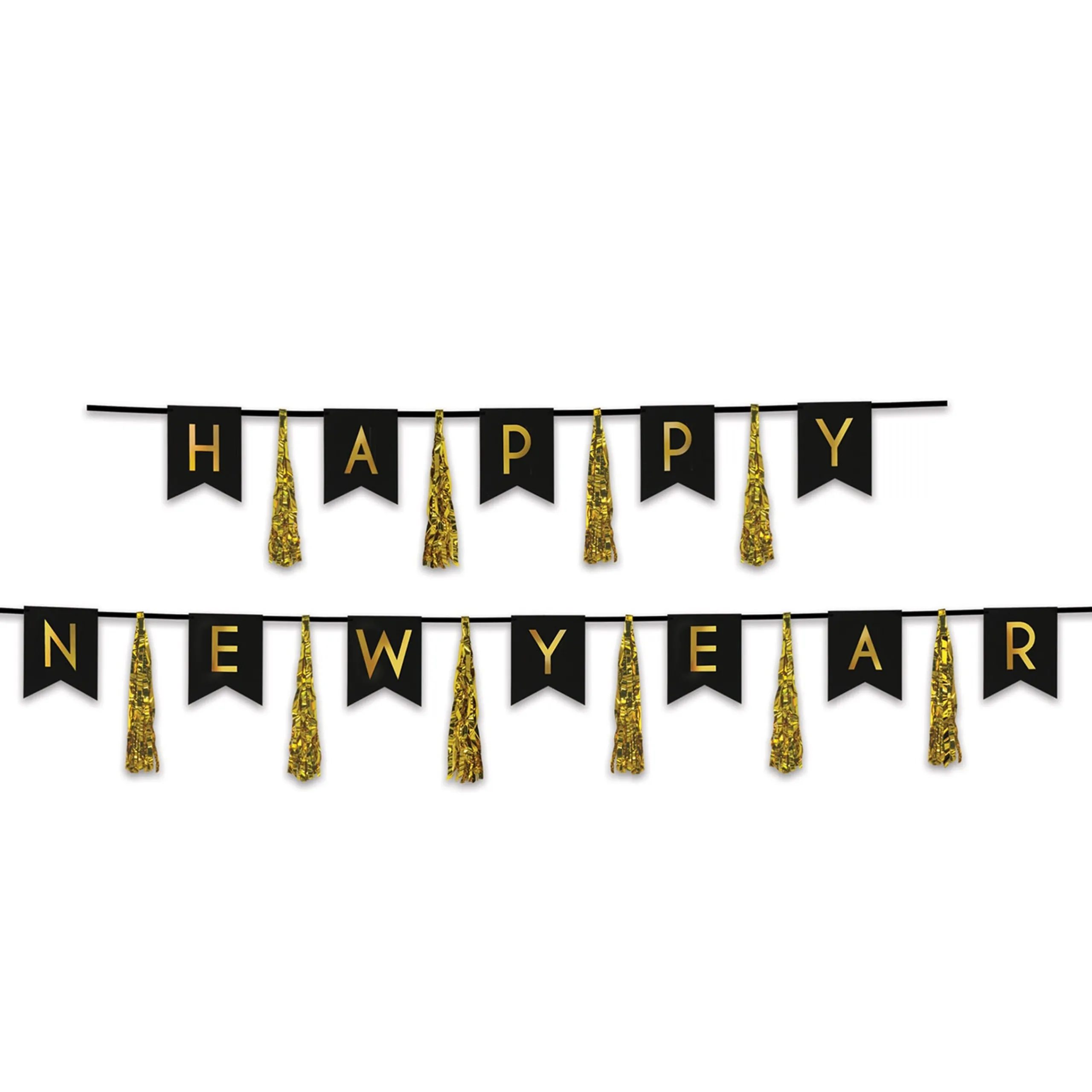 Beistle Set Of 24 Black And Gold Happy New Year Tassel Streamer -13"