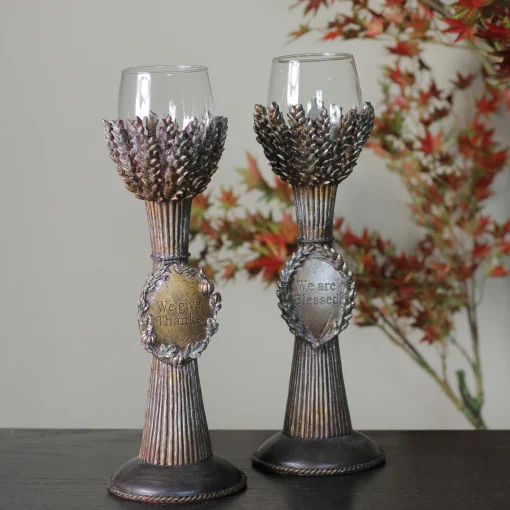 Roman Set Of 2 Brown And Clear Blessed Thanksgiving Votive Candleholders 12.5"
