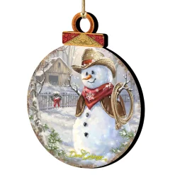 Designocracy Snowmen>Set Of 2 Cowboy Snowman Wooden Christmas Ornament 5.5"
