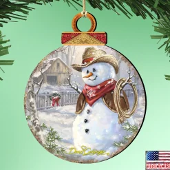 Designocracy Snowmen>Set Of 2 Cowboy Snowman Wooden Christmas Ornament 5.5"