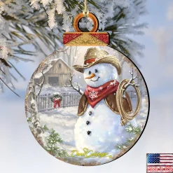 Designocracy Snowmen></noscript>Set Of 2 Cowboy Snowman Wooden Christmas Ornament 5.5