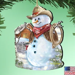 Designocracy Snowmen>Set Of 2 Cowboy Snowman Wooden Christmas Ornaments 5.5"