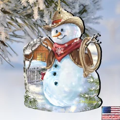 Designocracy Snowmen></noscript>Set Of 2 Cowboy Snowman Wooden Christmas Ornaments 5.5