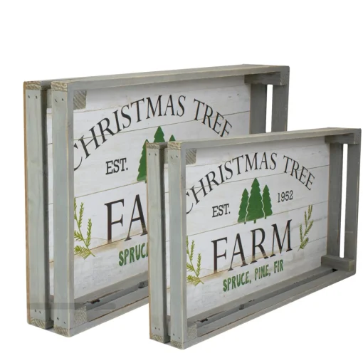 Serving Pieces*Northlight Set Of 2 Gray And White Farm Fresh Christmas Trees Wooden Tray Hanging Signs 21"