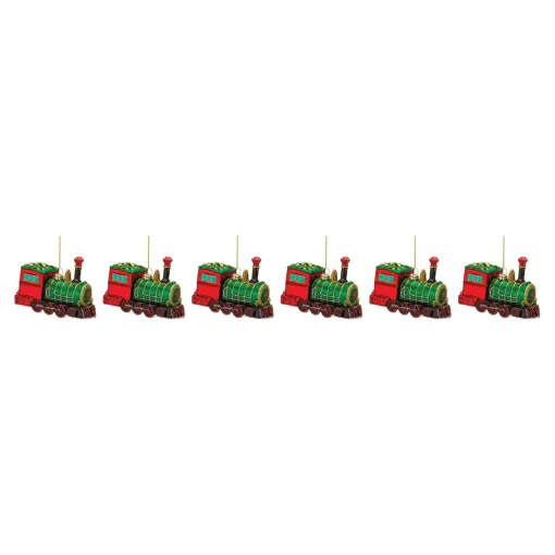 Melrose Transportation>Set Of 6 Green And Red Glittered Glass Train Christmas Ornaments 4.25"