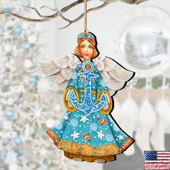 Designocracy Angels & Cherubs></noscript>Set Of 2 Guardian Of The Sea With Anchor Wooden Christmas Ornaments 5.5