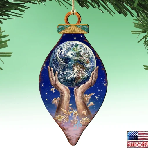 Designocracy Angels & Cherubs>Set Of 2 Hands Holding Earth Wooden Christmas Ornaments 5.5"
