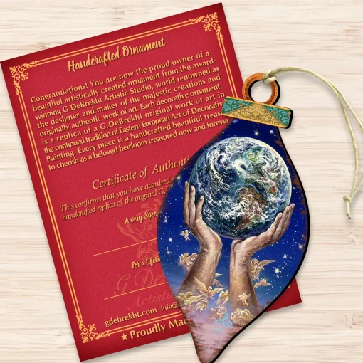 Designocracy Angels & Cherubs>Set Of 2 Hands Holding Earth Wooden Christmas Ornaments 5.5"
