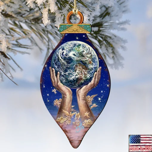 Designocracy Angels & Cherubs>Set Of 2 Hands Holding Earth Wooden Christmas Ornaments 5.5"