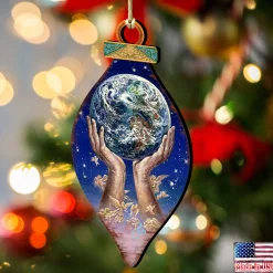 Designocracy Angels & Cherubs></noscript>Set Of 2 Hands Holding Earth Wooden Christmas Ornaments 5.5