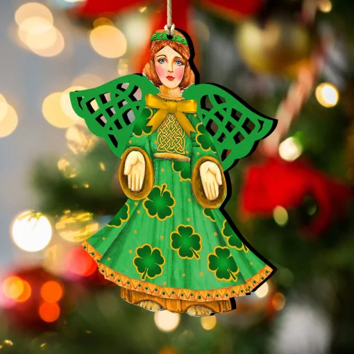 Designocracy Angels & Cherubs>Set Of 2 Irish Angel Wooden Christmas Ornaments 5.5"