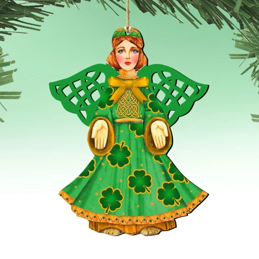 Designocracy Angels & Cherubs>Set Of 2 Irish Angel Wooden Christmas Ornaments 5.5"