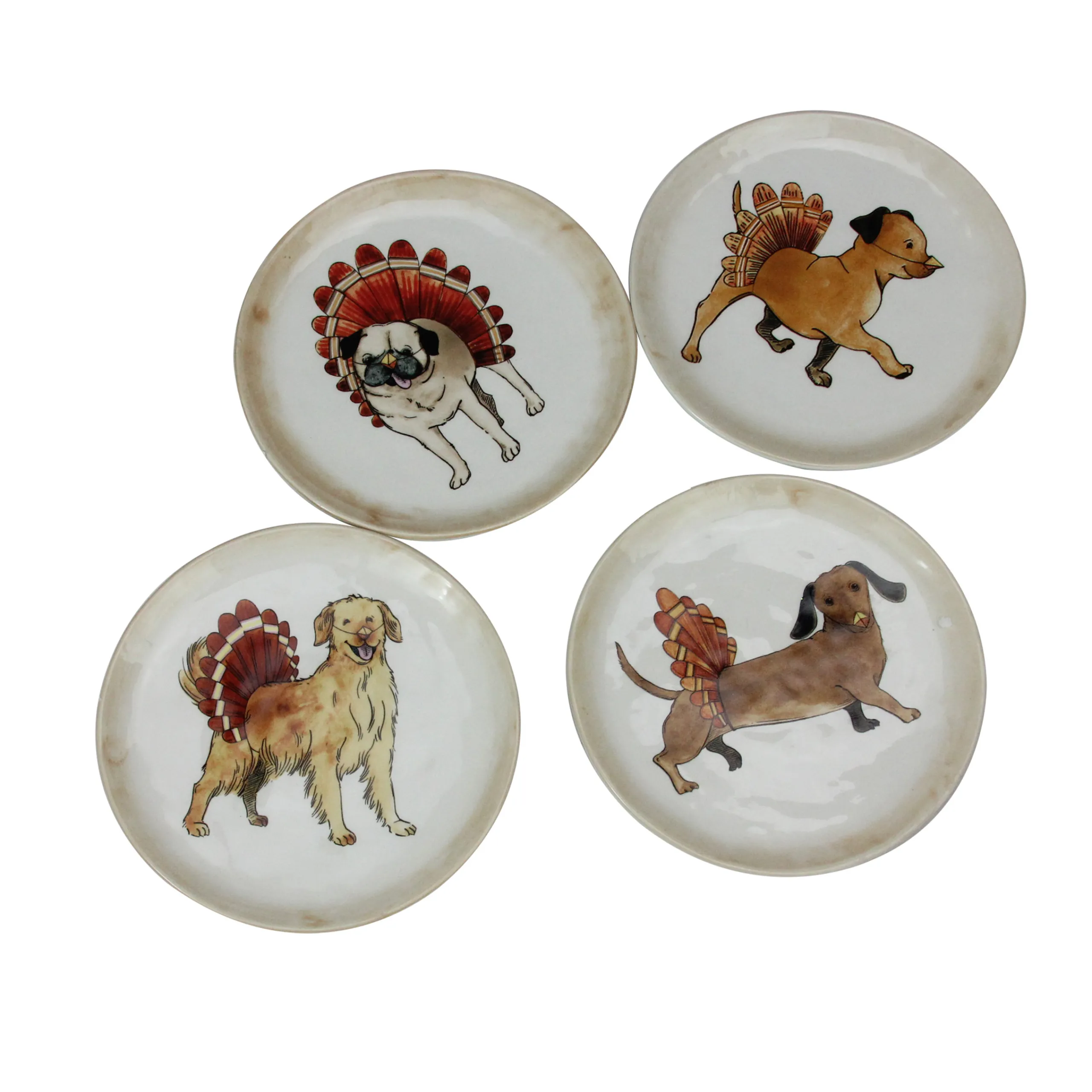 Roman Set Of 4 Ivory Autumn Thanksgiving Puppy Dog Snack Plates 5"