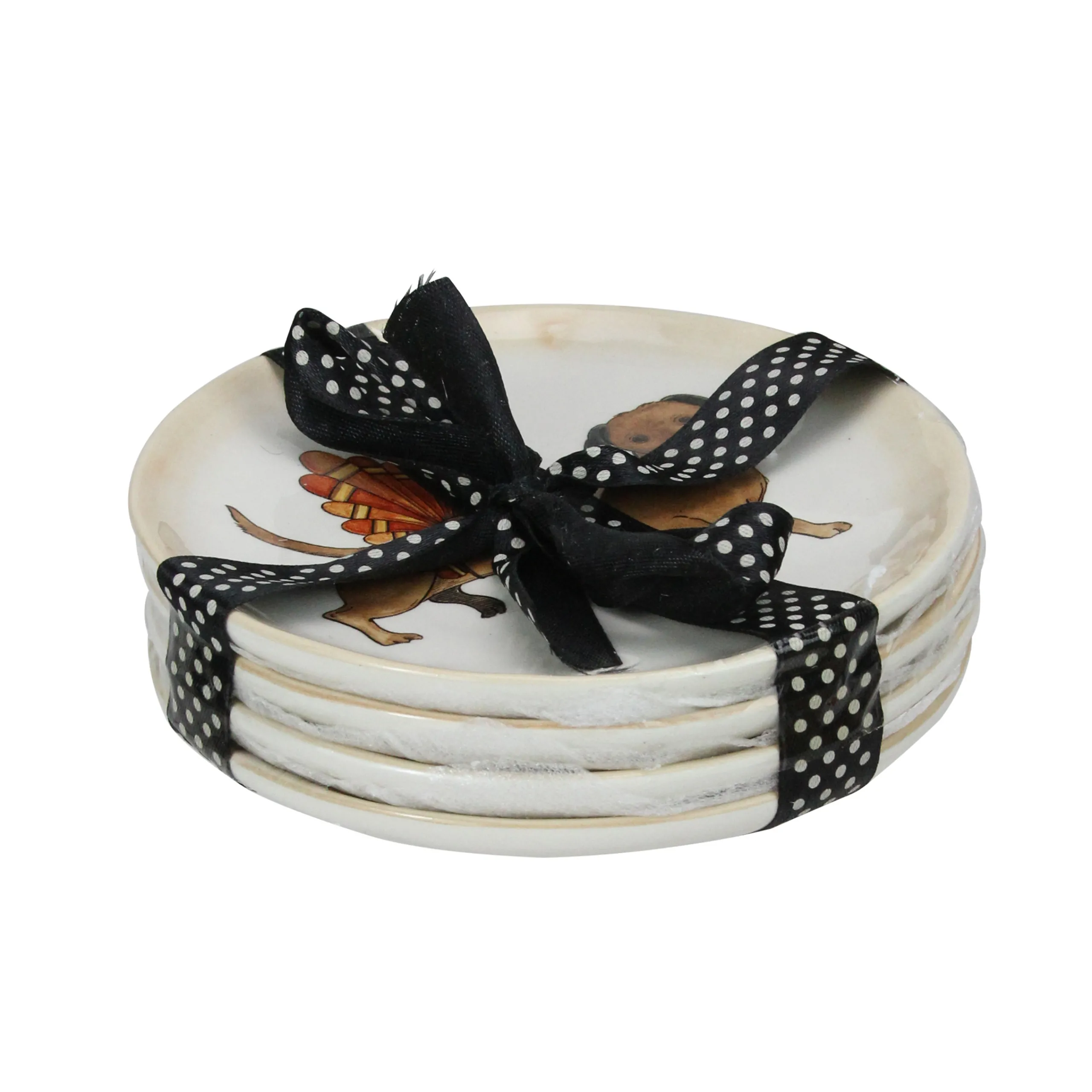 Roman Set Of 4 Ivory Autumn Thanksgiving Puppy Dog Snack Plates 5"