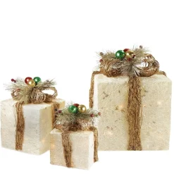 Outdoor Decorations*Northlight Set Of 3 Lighted Cream Gift Boxes With Twine Bows Outdoor Christmas Decorations 10