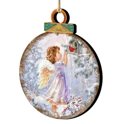 Designocracy Angels & Cherubs>Set Of 2 Little Angel And A Bird In The Woodland Wooden Christmas Ornaments 5.5"