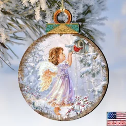 Designocracy Angels & Cherubs></noscript>Set Of 2 Little Angel And A Bird In The Woodland Wooden Christmas Ornaments 5.5