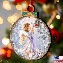 Designocracy Angels & Cherubs></noscript>Set Of 2 Little Angel And A Bird In The Woodland Wooden Christmas Ornaments 5.5