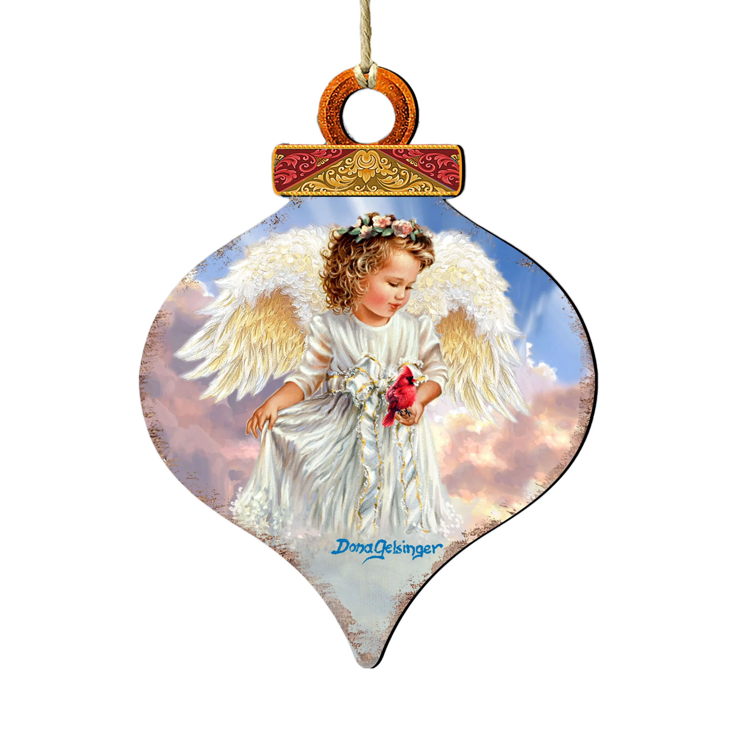 Designocracy Angels & Cherubs>Set Of 2 Little Angel With Cardinal Onion Shaped Wooden Ornaments 5.5"
