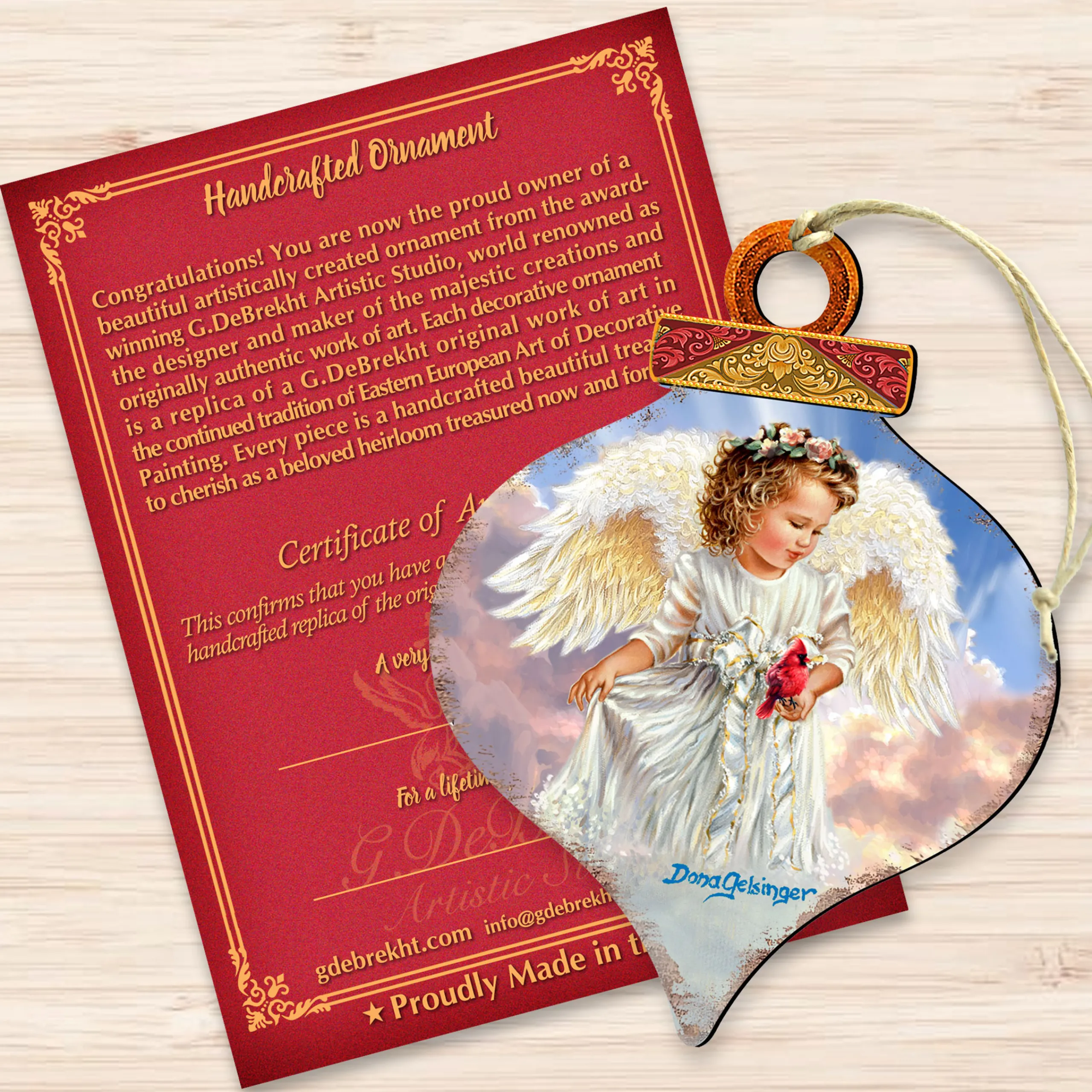 Designocracy Angels & Cherubs>Set Of 2 Little Angel With Cardinal Onion Shaped Wooden Ornaments 5.5"