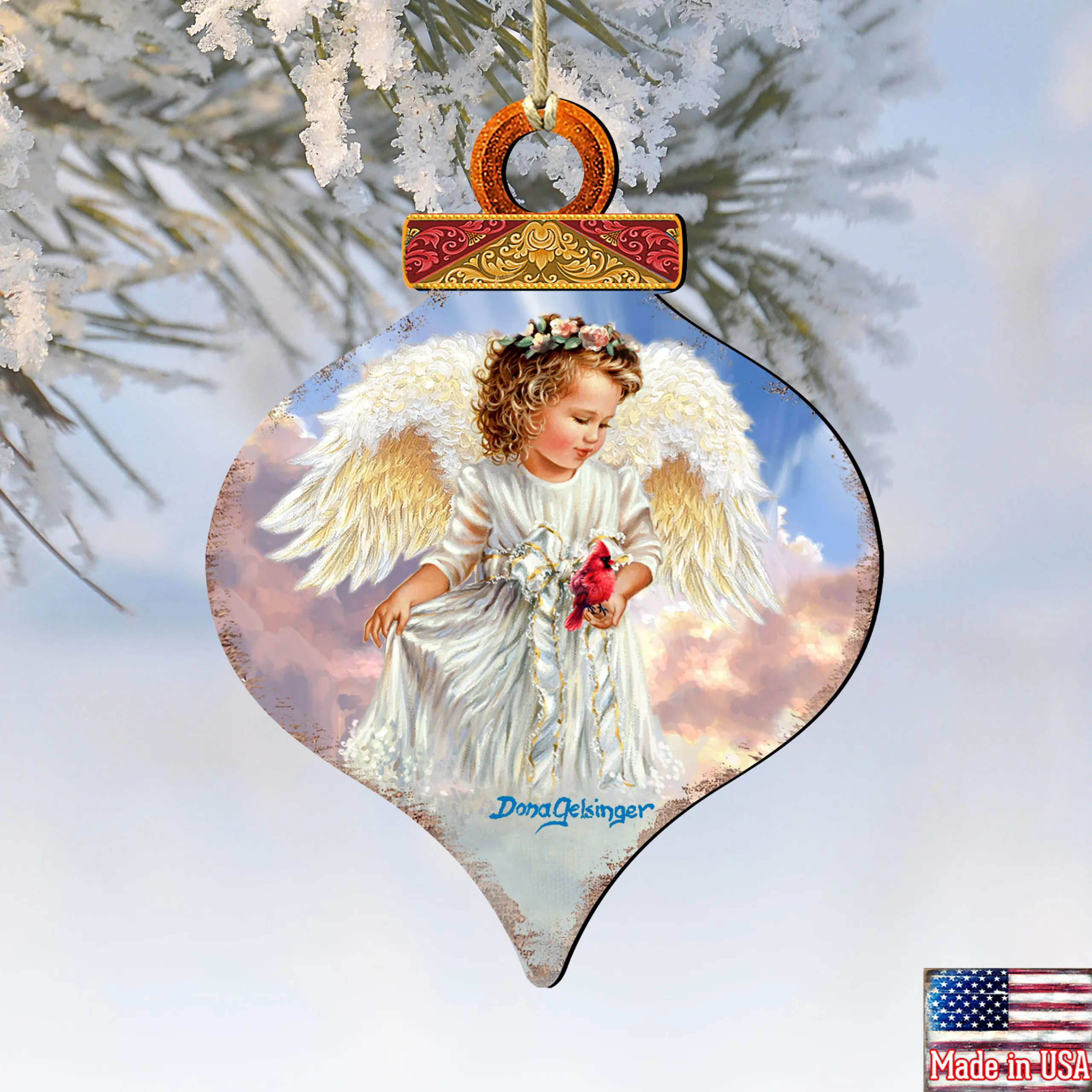 Designocracy Angels & Cherubs>Set Of 2 Little Angel With Cardinal Onion Shaped Wooden Ornaments 5.5"