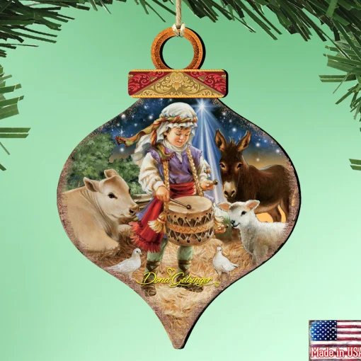 Designocracy Nativity & Religious>Set Of 2 Little Drummer Boy Wooden Onion Shaped Christmas Ornaments 5.5"