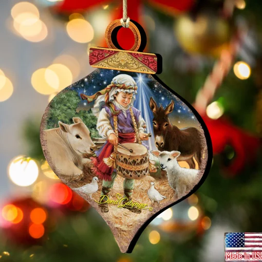 Designocracy Nativity & Religious>Set Of 2 Little Drummer Boy Wooden Onion Shaped Christmas Ornaments 5.5"