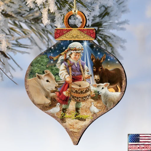 Designocracy Nativity & Religious>Set Of 2 Little Drummer Boy Wooden Onion Shaped Christmas Ornaments 5.5"