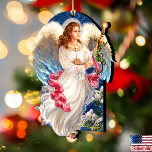 Designocracy Angels & Cherubs>Set Of 2 Luminous Angel Wooden Christmas Ornaments 5.5"