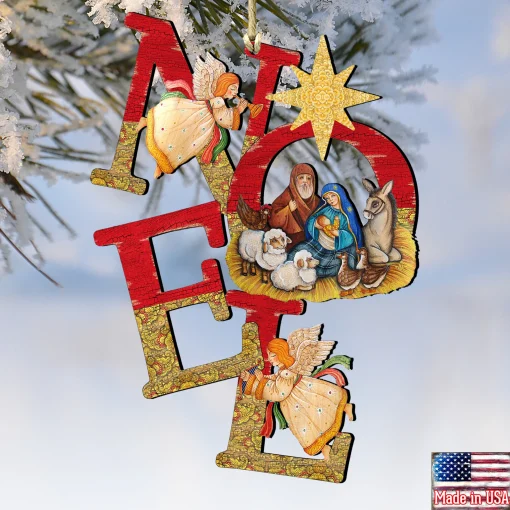 Designocracy Angels & Cherubs>Set Of 2 Magnificent Nativity "Noel" Wooden Christmas Ornaments 5.5"