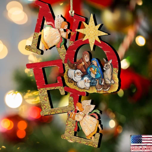Designocracy Angels & Cherubs>Set Of 2 Magnificent Nativity "Noel" Wooden Christmas Ornaments 5.5"