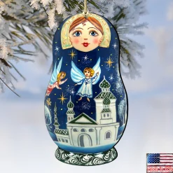 Designocracy Stars></noscript>Set Of 2 Matreshka Doll With Flying Angels Wooden Christmas Ornaments 5.5