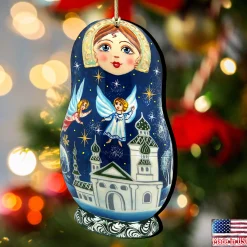 Designocracy Stars></noscript>Set Of 2 Matreshka Doll With Flying Angels Wooden Christmas Ornaments 5.5