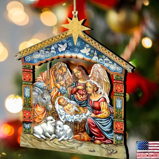 Designocracy Nativity & Religious>Set Of 2 Miracle Birth Holy Family Wood Christmas Ornaments 5.5"
