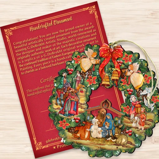 Designocracy Angels & Cherubs>Set Of 2 Nativity Wreath Wooden Christmas Ornaments 5.5"