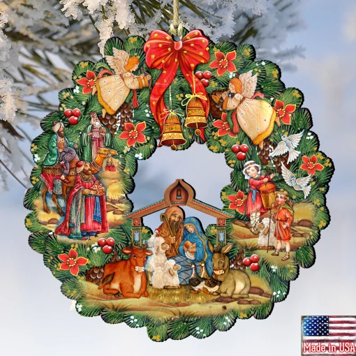 Designocracy Angels & Cherubs>Set Of 2 Nativity Wreath Wooden Christmas Ornaments 5.5"