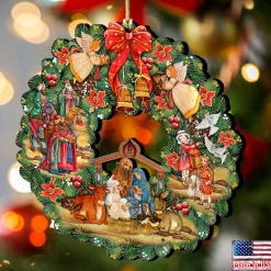 Designocracy Angels & Cherubs></noscript>Set Of 2 Nativity Wreath Wooden Christmas Ornaments 5.5