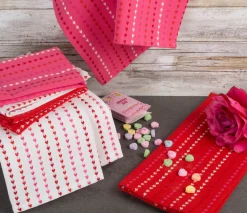 Contemporary Home Living Set Of 6 Pink And White Hearts Striped Dishtowel And Dishcloths 28