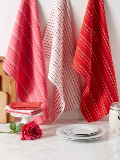 Contemporary Home Living Set Of 6 Pink And White Hearts Striped Dishtowel And Dishcloths 28